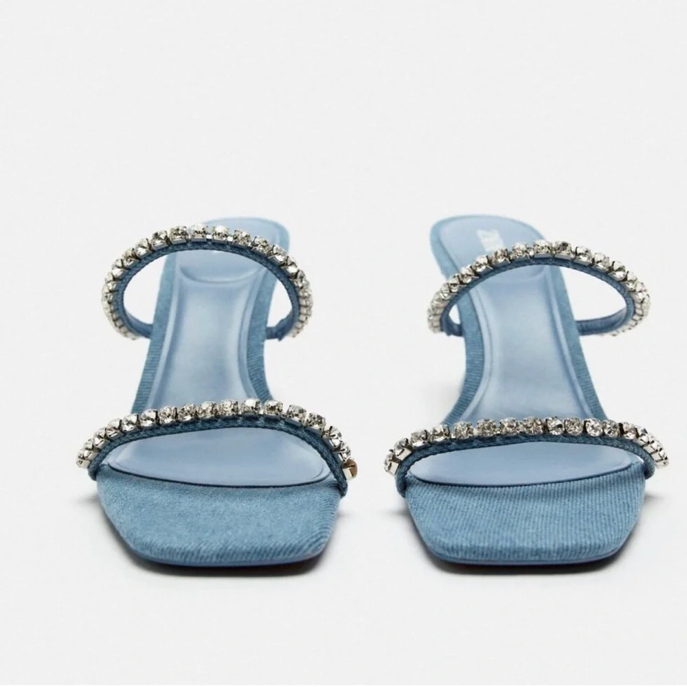 ‼️WOW‼️ZARA DENIM HIGH-HEEL SANDALS WITH RHINESTONES‼️‼️‼️ - Picture 4 of 6
